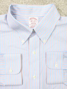 Brooks Brothers Shirt Men 16 1/2, 32 Blue/Red Madison Non-Iron Supima Cotton L/S